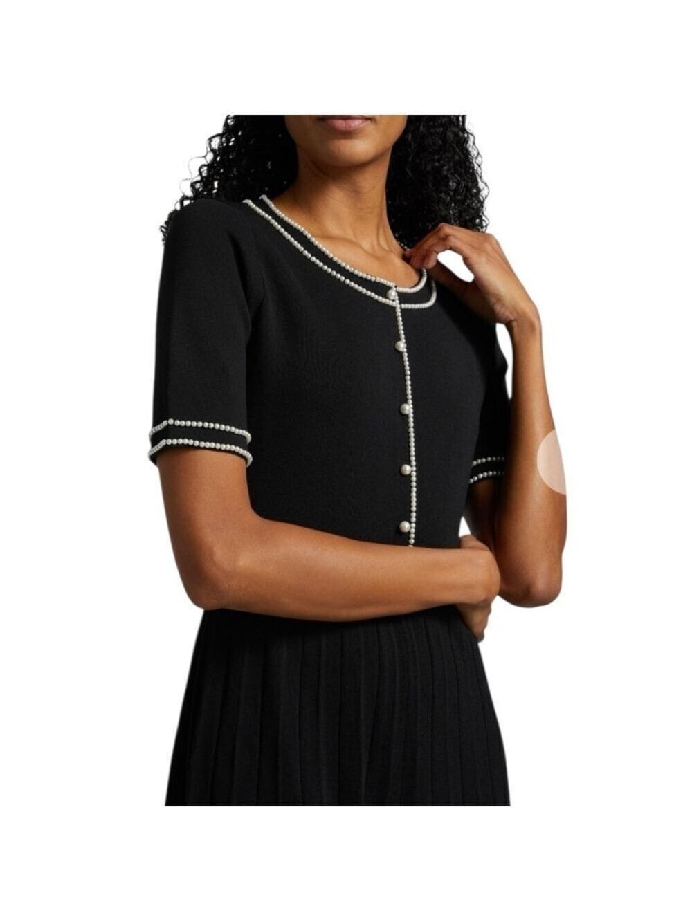 Elie Tahari Leona Black Knit Sweater Dress with Pearl Embellishments. Size M - Picture 5 of 13